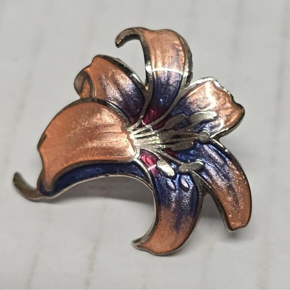 Vintage Cloisonne Enamel Purple Peach Lily Flower Boho Earrings - Picture 2 of 8